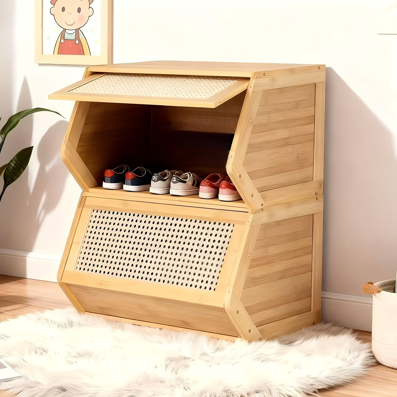 Stackable Bamboo Shoe Rack 20-33.85in With 1 Flip Drawer Narrow Freestanding Storage For Entryway Living Room