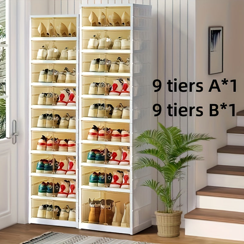1pc/2pcs Heavy-Duty Collapsible 9-Tier Shoe Cabinet Organizer - Clear Plastic Foldable Stackable Shoe Rack with Shelves, Space-Saving Narrow Storage for Hallway, Apartment, Small Spaces - No Assembly Required (Shelves & Doors)