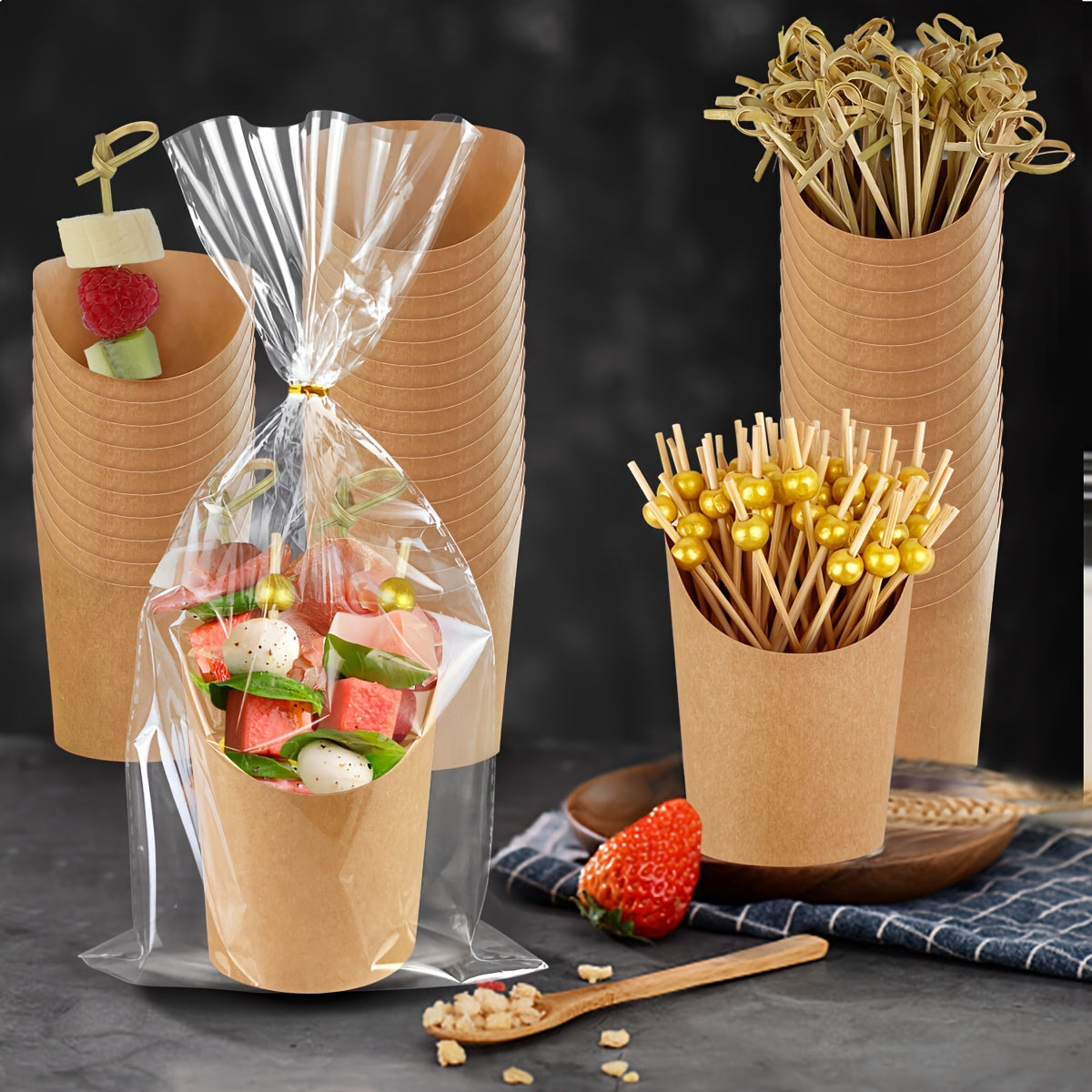 50 Sets of 8 Oz Disposable Charcuterie Cups, Complete with Sticks And Bags. These Brown Kraft Paper Snack Boxes Are Perfect for Appetizers And French Fries, Including 50 Cups, 50 Bags, And 100 Sticks