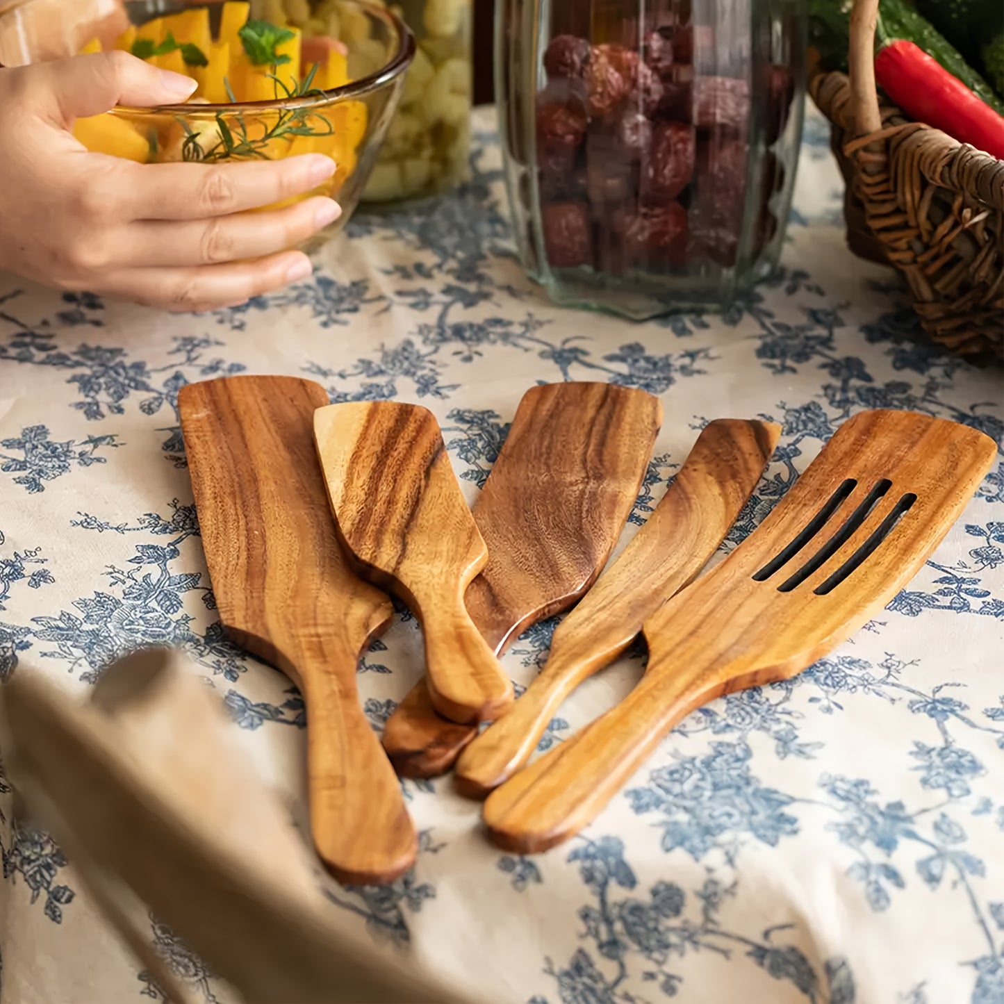 Premium Teak Wooden Kitchen Utensils: 5pcs Of Slotted Spurtles, Spatulas, And Spoons for Nonstick Cookware - Heat Resistant, Non-Stick