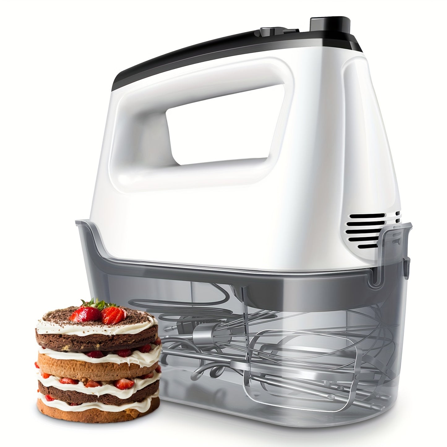 Hand Mixer, Handheld Mixer with Storage Case 5-Speed Plus Turbo Hand Mixer Electric with 5 Stainless Steel Attachments(2 Beaters, 2 Dough Hooks And 1 Whisk), Silver