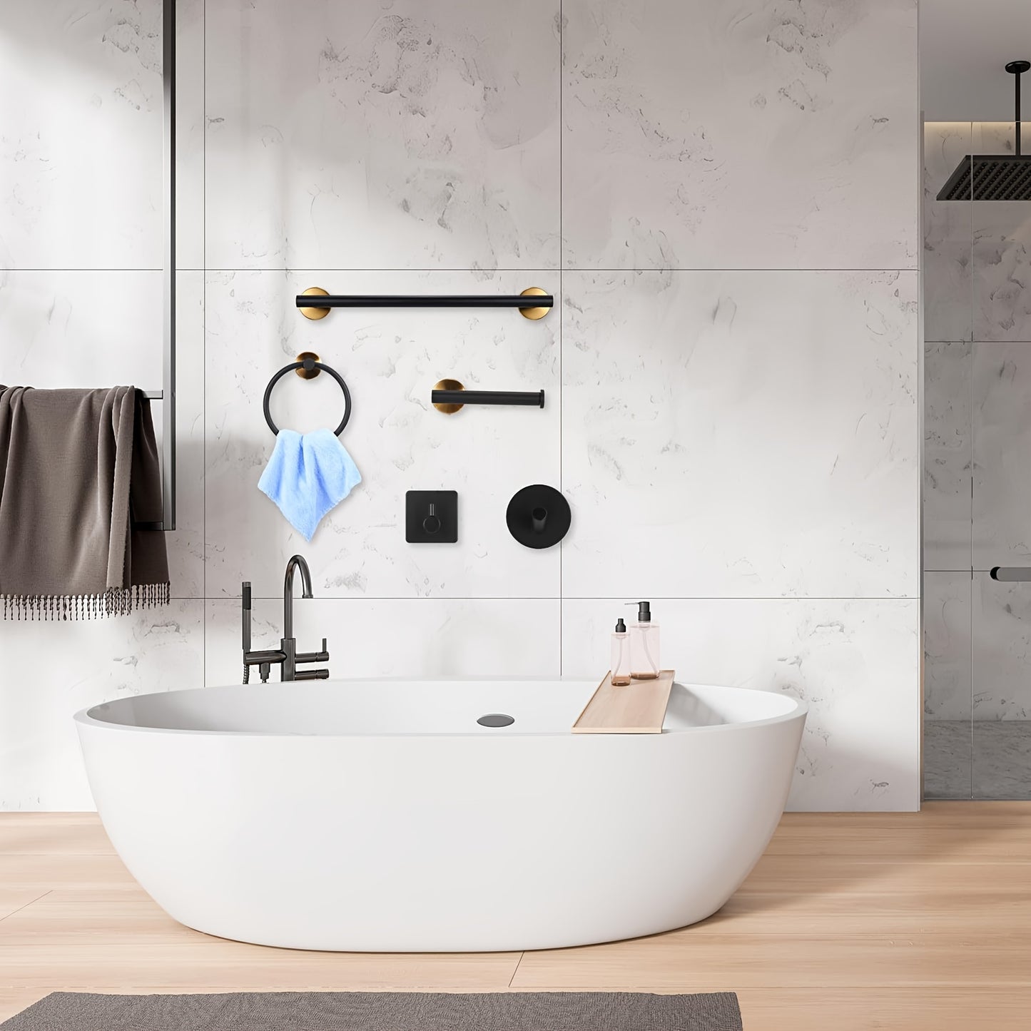 10pcs Matte Black Bathroom Hardware Set - SUS304 Stainless Steel Modern Wall-Mounted Towel Bar (16 Inch), Toilet Paper Holder, Angled Hooks & 2 Robe Hooks with Screws & Anchors - Rust-Resistant Bathroom Organizer for Towels, Robes, Accessories - Easy Inst