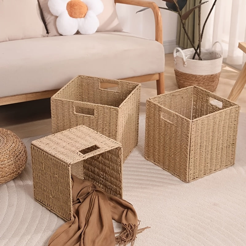 Natural Rattan Storage Basket, Foldable Square Natural Rattan Storage Basket Frame, Square Natural Rattan Storage Basket for Bedroom And Living Room, Laundry Baskets
