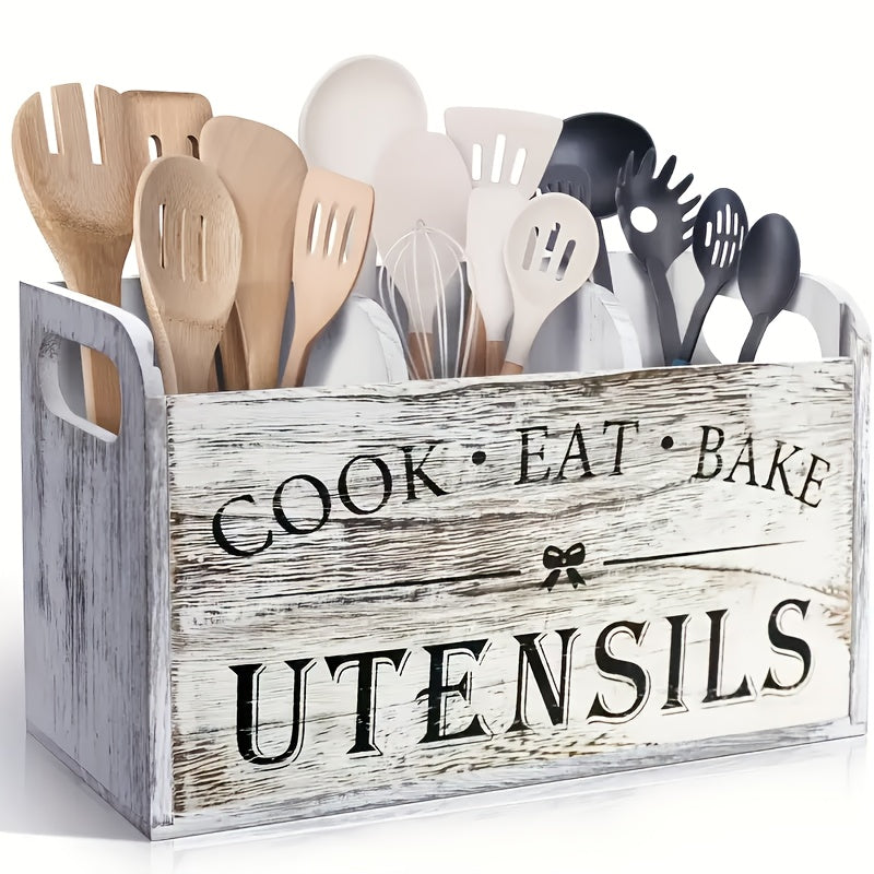 Rustic Wooden Kitchen Utensil Holder, 1pc 3-Compartment Storage Box, Kitchen Must Haves, Countertop & Wall-Mounted Organizer, Wood Material, Kitchen Accessories For Cook, Eat, Bake Tools, Kitchen Organizers And Storage