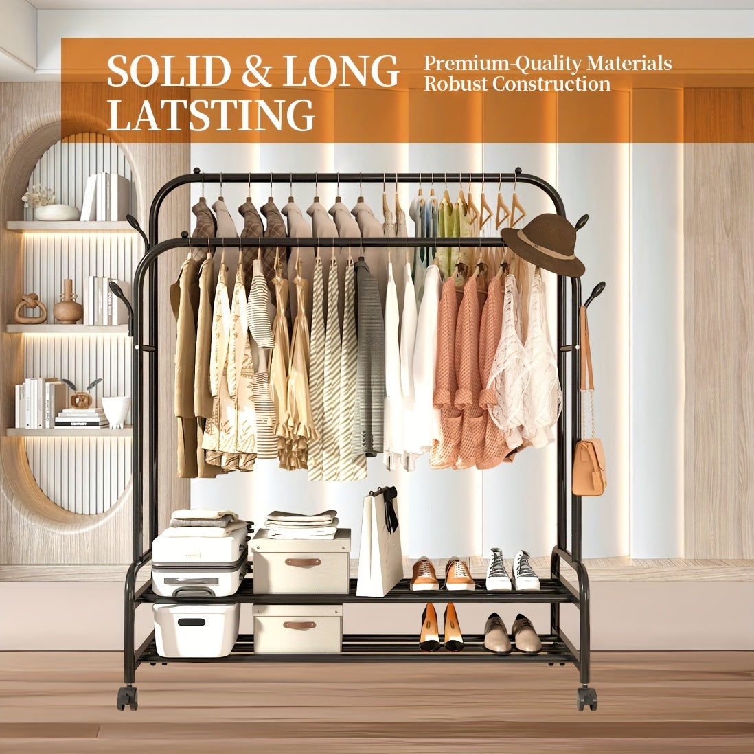 Sturdy Metal Double Rodding Clothes Rack with Wheels, Portable Clothing Rack with Shelves & Hooks, Heavy Duty Garment Racks for Hanging Clothes, Multi-Functional Closet Rack for Bedroom, Golden
