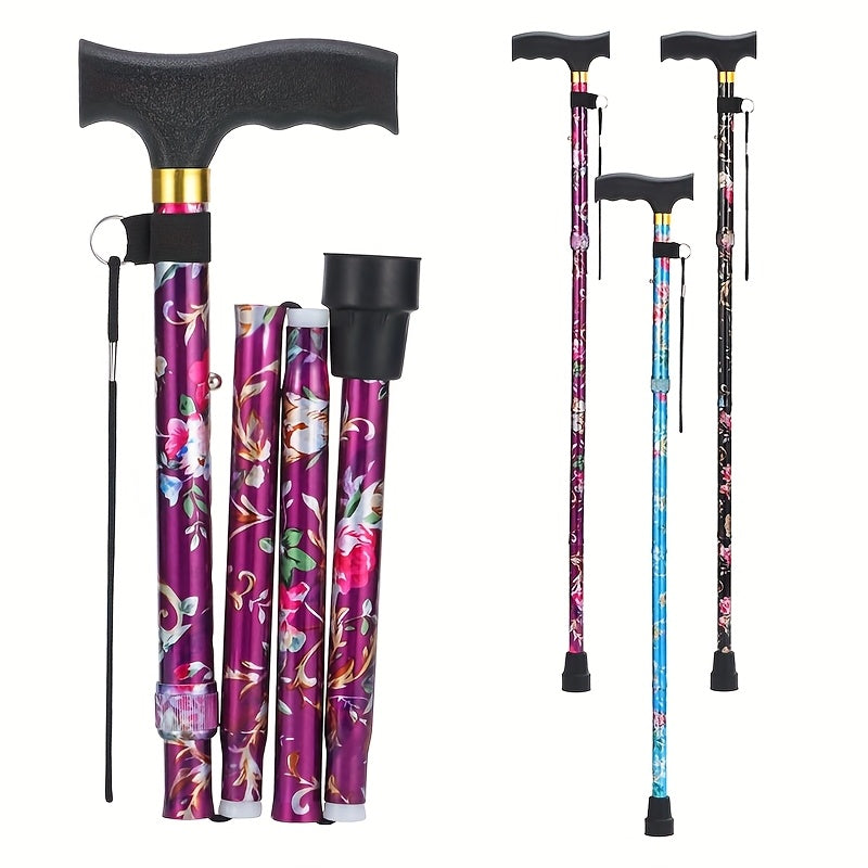 Foldable Printed Cane, Blue Red Black Printed Cane, 5-Level Height Adjustable Stick with Wrist Strap and T-Shaped Handle, Folding Cane with Strap, Portable Adjustable Lightweight Independent Stick with Packaging Box, Gift for Father and Mother