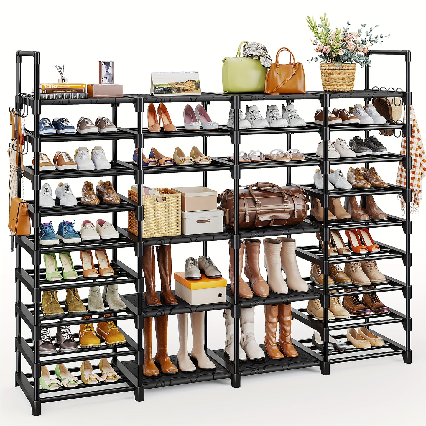 Large Capacity Metal Shoe Rack, Black Shoe Rack Organizer, Boots Storage Rack, 4 Rows 6 Tier & 4 Rows 9 Tier Shoes Rack | Heavy Duty Storage Shelf |Holds 45-72 Pairs Of Shoes|Stable And Durable, Easy to Assemble for Living Room, Bedroom, Dormitory