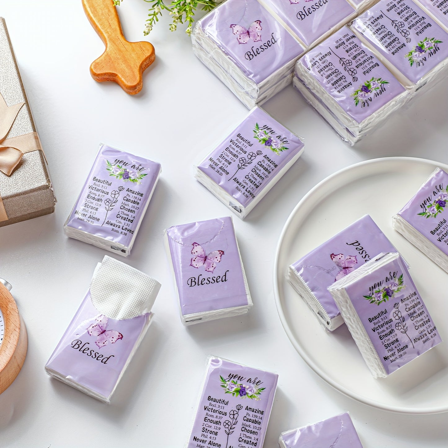 100 Pack Christian Blessed Facial Tissues - Purple Butterfly & Lavender Floral Design, 3-Ply Pocket-Sized Travel Tissues with "Blessed" Text, 7 Sheets Per Pack for Weddings, Graduation, Travel - Thoughtful Gift Idea, Event Essentials, Spiritual Design, In