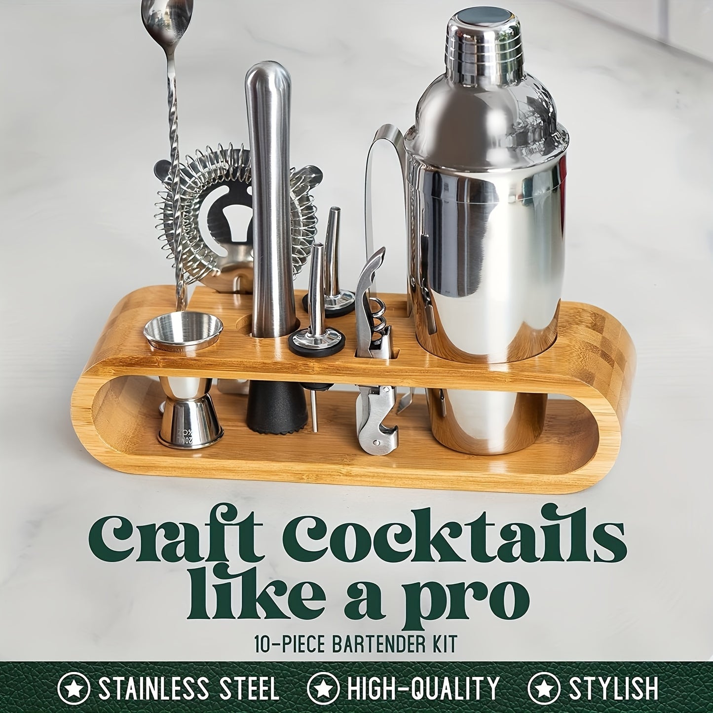 10pcs Set of Senior Bartender Suit with Bamboo Stand-stainless Steel Shaker and Bar Tool Set, Perfect Housewarming Gift, Ideal Bar Accessories for Father's Day