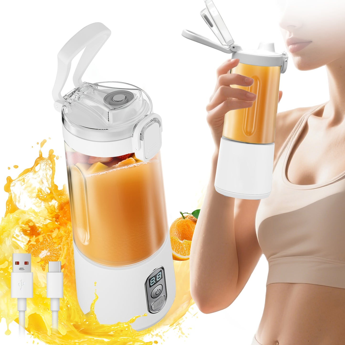 LALAYUAN USB-Powered Juicer & Juicer with Digital Timer, Battery Left Display, High-Speed Ice Crush, USB-C Fast Charge, One-Tap NO-Spill Lid, 6-Blade Stainless Steel - Smoothie Blender Portable, Protein Shakes, Gym, Travel Smoothie Maker