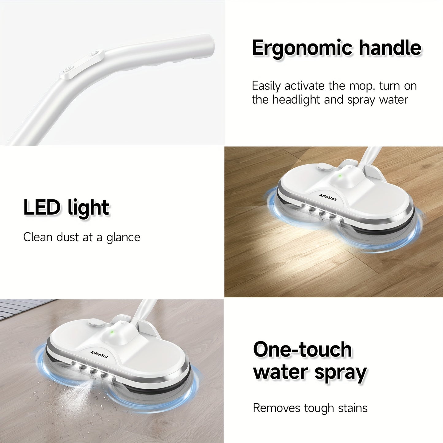 Cordless Electric Spin Mop Floor Cleaner with LED Headlight & Water Spray Tank – Powerful Wireless Spinning Mop for Hardwood & Tile Floors, Quiet Motor, Self-Cleaning & Waxing Function (White)