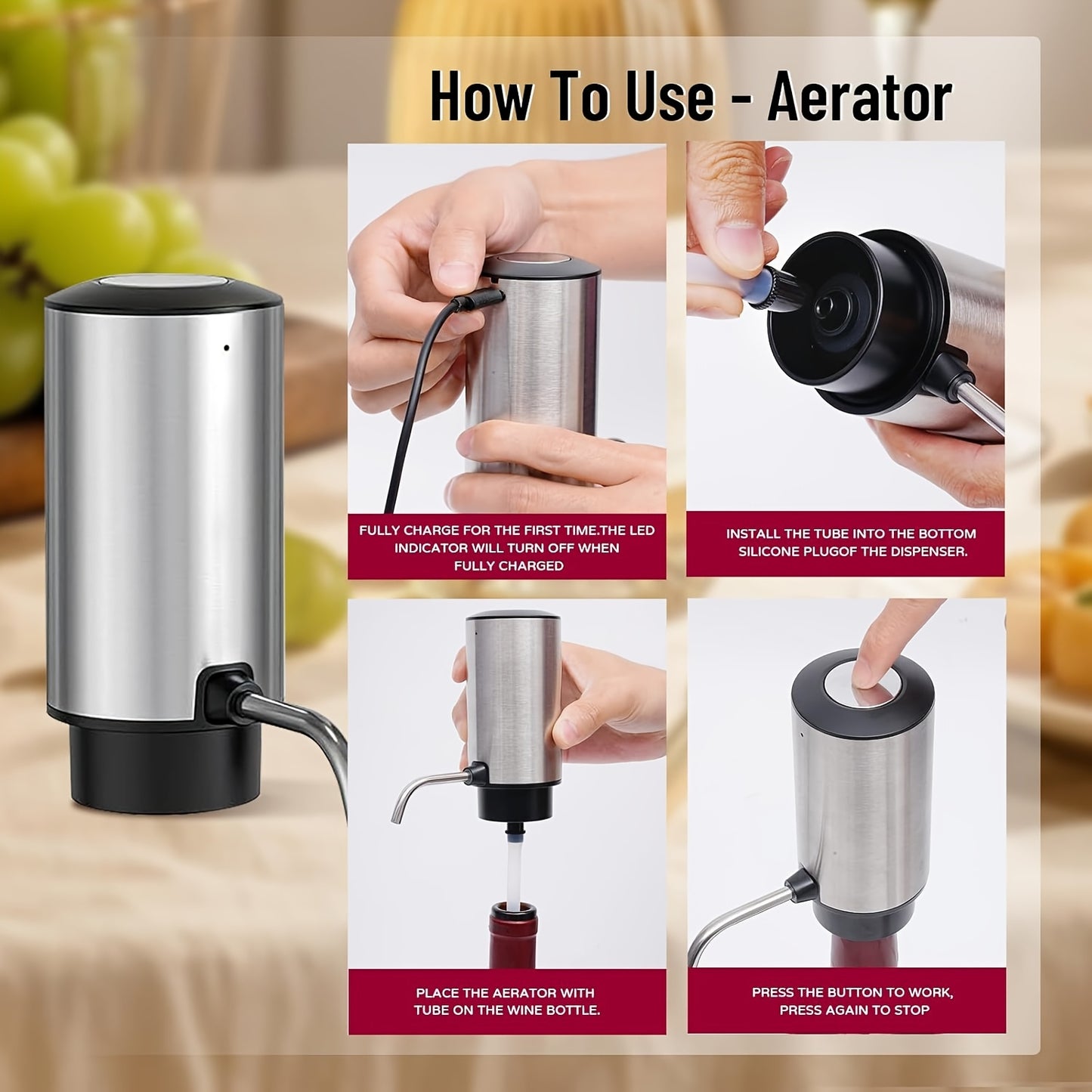 7-in-1 Electric Wine Opener Gift Set, Stainless Steel Automatic Corkscrew With Automatic Aerator Pourer, 2 Vacuum Stoppers, Foil Cutter, Storage Base Rechargeable Corkscrew Kit For Wine Lovers