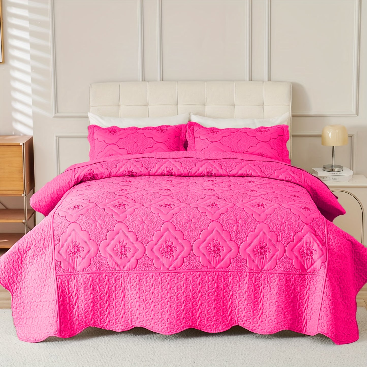 3pcs Exquisitely Crafted King/ Queen Size Quilted Bedspread Set with Intricate Floral Embroidery - 100% Polyester, Wrinkle - Resistant, Lightweight, Perfect for Adding A Touch of Elegance To Your Bedroom Decor