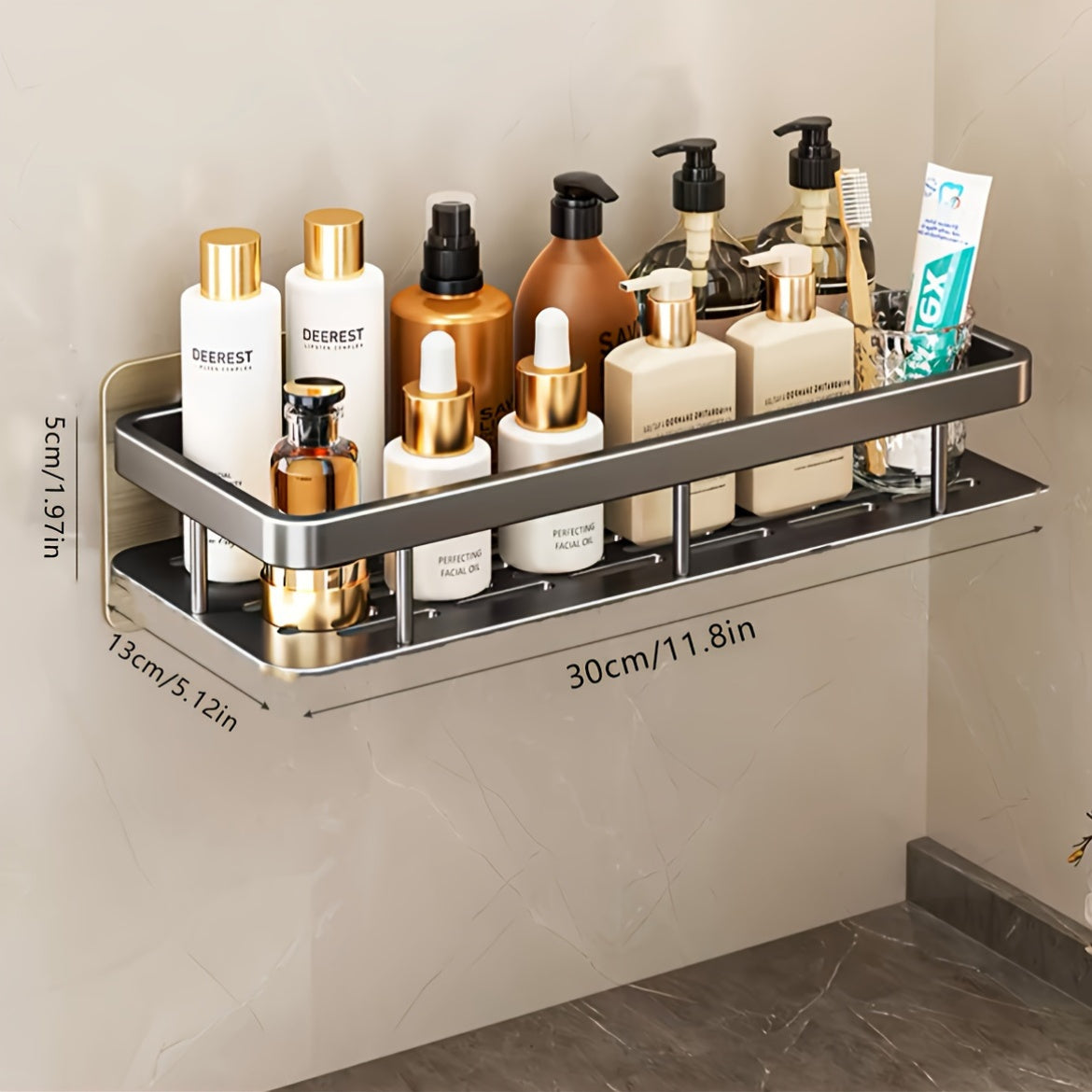 A Two-Part Set Featuring a Two-Tier Rust-Resistant Shower Basket, Designed for Wall Mounting in The Bathroom. It Has a Shiny End And Is Ideal for Holding Soap And Towels, As Well As for Festive Decor