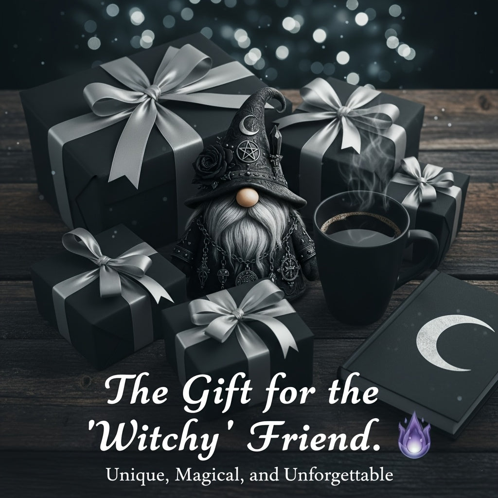 Resin Figurine Gothic Elf Dwarf Statue – Vintage Fantasy Desktop Ornament with Crescent Pentagram Black Rose Gray Beard – Mysterious Collectible Sculpture for Home Office Shelf Decor Gift