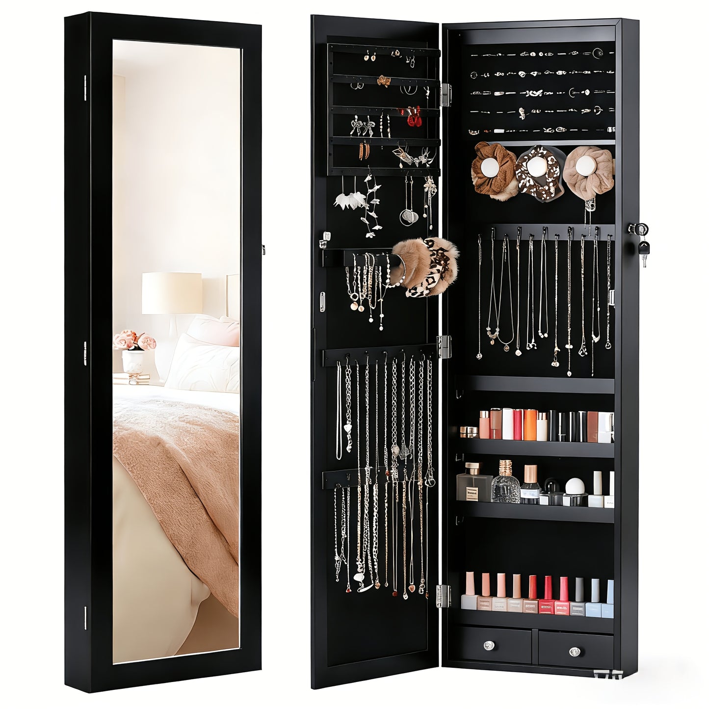 Jewelry Armoire Floor Standing 47.2" Full-Length Mirror Cabinet with 6 LED Lights Dual Lock, Jewelry Organizer for Necklaces Earrings Rings Bracelets, Bedroom Closet Storage 4 Colors