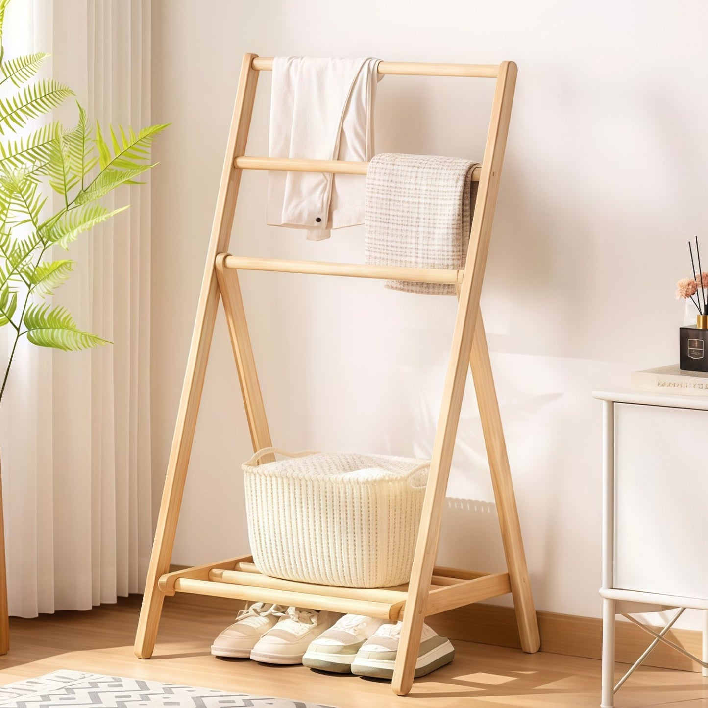 3-Tier Foldable Clothes Hanger & Drying Rack with Storage Box - Bamboo Space-Saving Freestanding Laundry Suitable for Apartments, Bedrooms, Bathrooms, Balconies, Compact Foldable Design for Small Spaces, Bamboo Drying System, Drying Racks