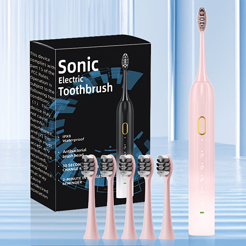 IPX8 Sonic Electric Toothbrush, USB Direct Charging, Couple Style with Replaceable Heads, Metal Shaft, for Adults (Men & Women), Rechargeable, Intelligent Timer, Includes 5 Replacement Brush Heads