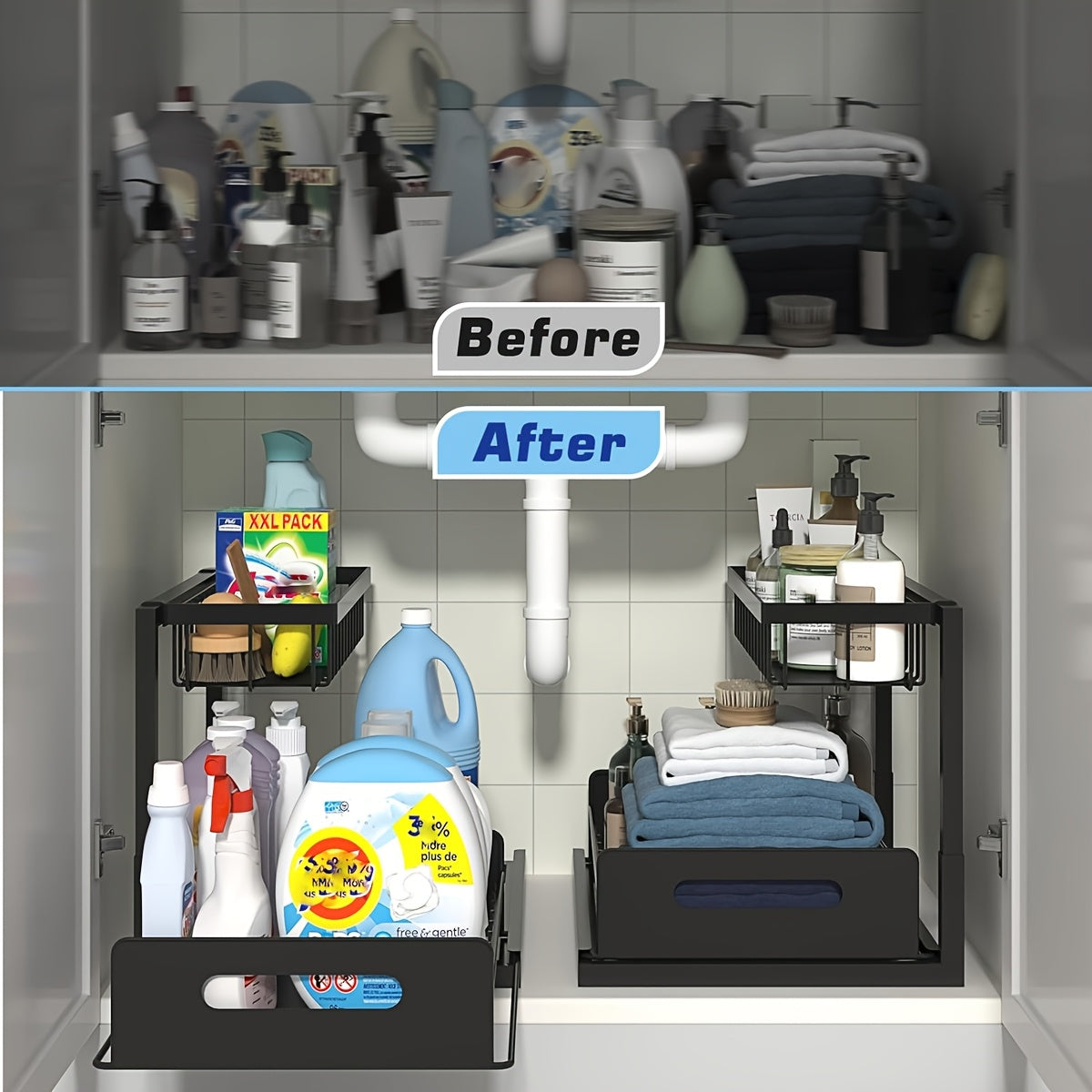 Two-Level Organizers for Under The Sink, Featuring a Sliding Pull-Out Shelf Made of Metal, Ideal for Organizing Kitchen, Bathroom, Pantry, Or Closet Spaces (Available in 1-Pack Or 2-Pack), Under Sink Bathroom Cabinet, Under Sink Cabinet Bathroom, Under Si