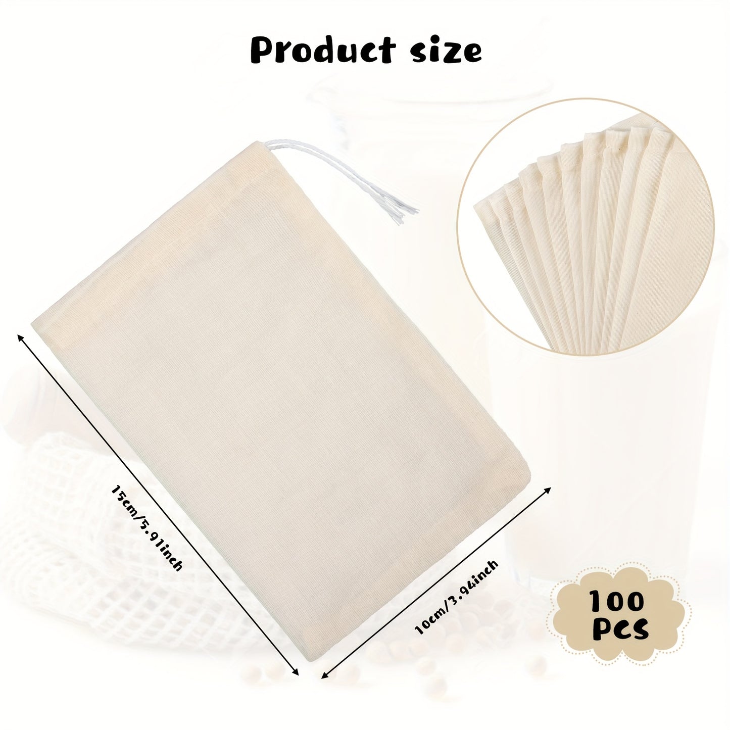 100pcs Cheesecloth Bags for Straining Reusable Tea Filter Muslin Bags Cold Brew Milk Tea Filter Strainer Cheese Clothes Cheese Clothbags for Office Kitchen Cooking (4 X 6 Inch)