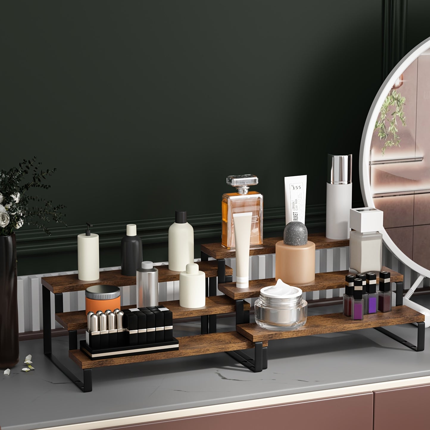 2 Pack 3 Tier Expandable Spice Rack Organizer (13.8" To 26")Display Riser Stand, Kitchen Cabinet Countertop Pantry Coffee Bar Display Shelf For Spice, Liquor, Perfume, Makeup, Figure, Dolls Collection