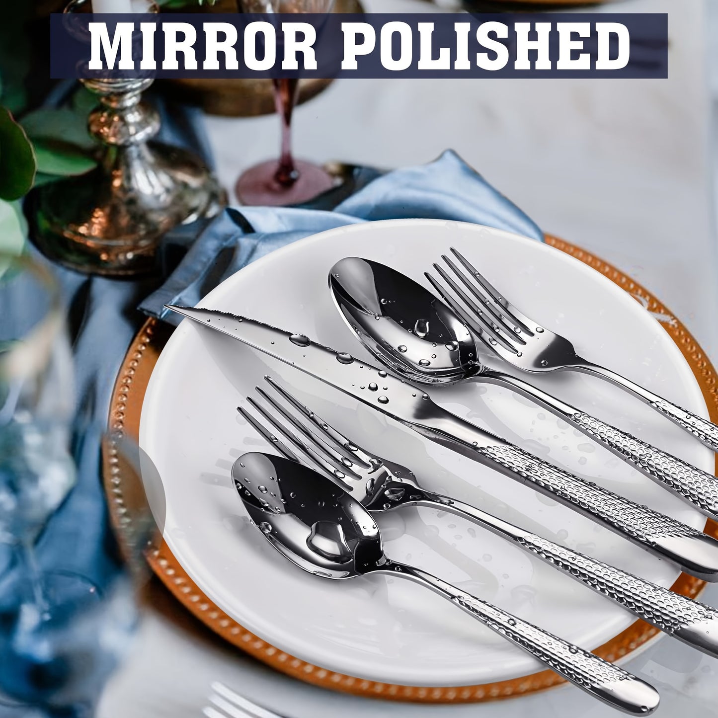 Stainless Steel Flatware Utensil Set With Ultra Sharp 2-IN-1 Serrated Knife, 40/48pcs Modern Hammered Silverware Set For 8, Mirror Polished, And Dishwasher Safe