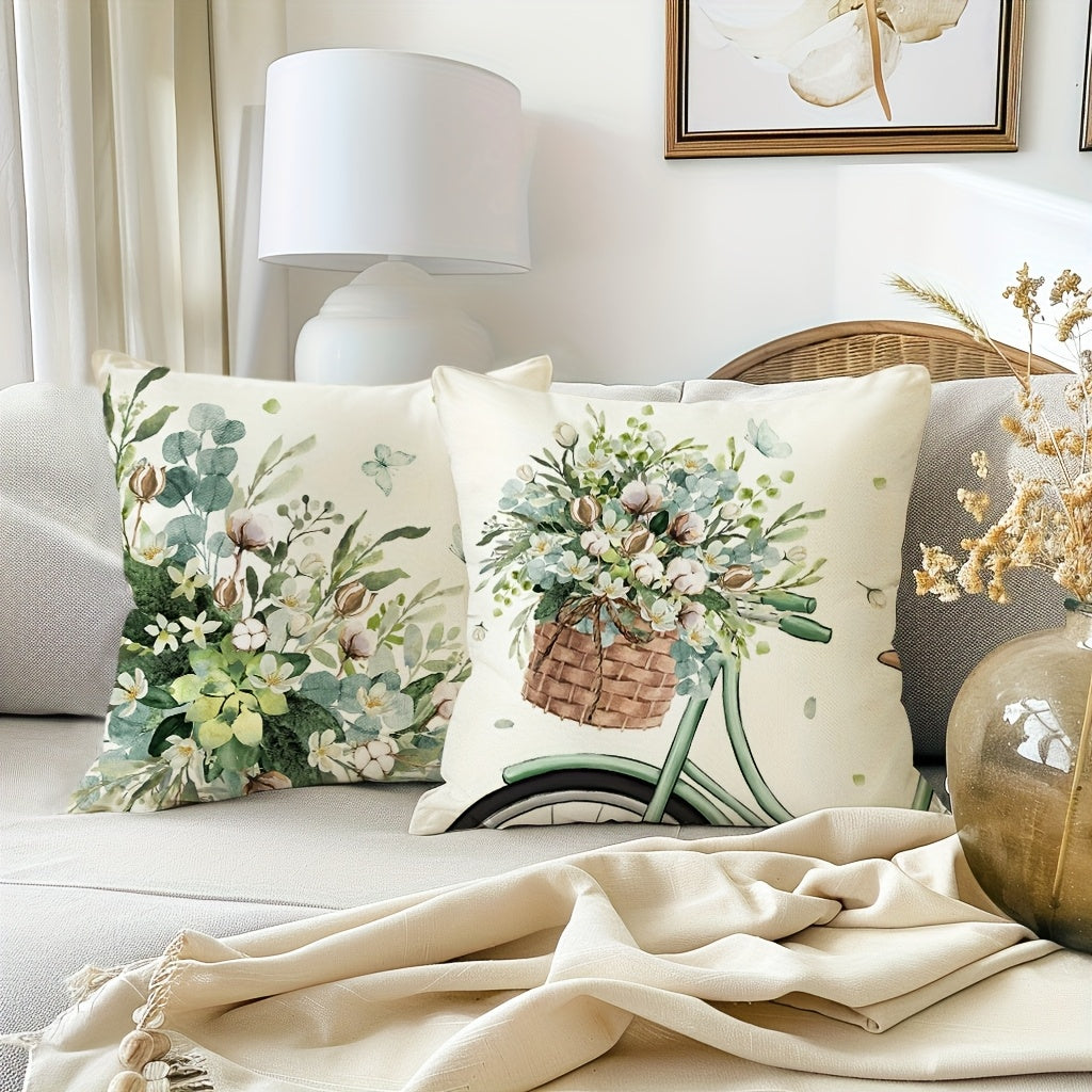 4pcs, Farmhouse Eucalyptus Leaves Throw Pillow Covers, Floral And Bicycle Spring Summer Seasonal Decor Cushion Covers, 18in*18in, Cozy Rustic Holiday Decor Pillowcases, For Porch Patio Couch Sofa Living Room Outdoor, Without Pillow Inserts