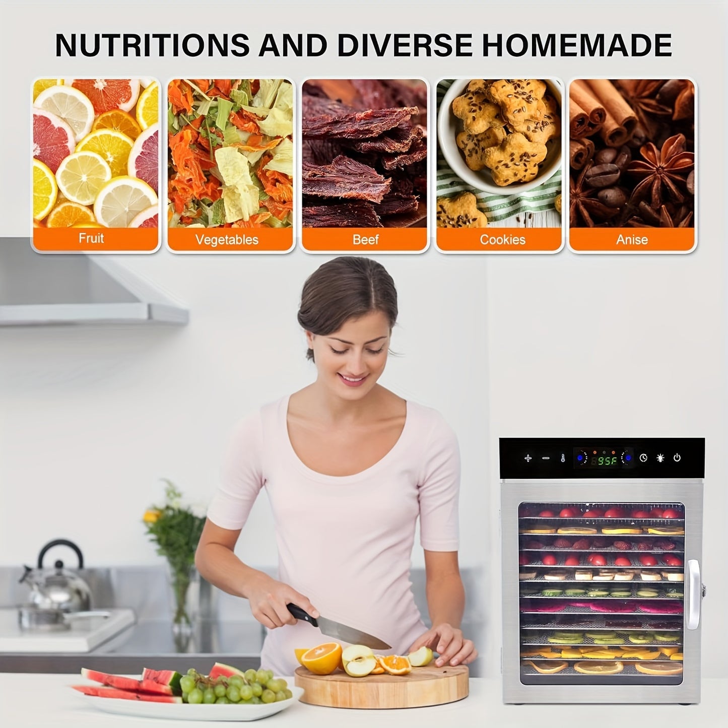 Food Dehydrator, 12 Stainless Steel Trays Dehydrators for Food And Jerky, Herbs, Fruit, Dehydrator Machine with Digital Timer And Temperature Control, Overheat Protection, Recipe Book Included