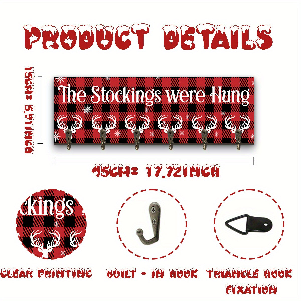 A Single Christmas Stocking Holder Featuring Six Hooks, Designed to Hang Stockings on a Wooden Sign. This Decorative Wall Hook Rack Is Perfect for Mantels, Showcasing The Phrase 'The Stockings Were Hung' in a Snowflake Design