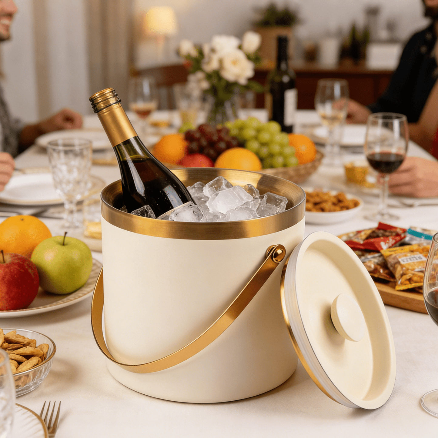 101.44oz Stainless Steel Ice Bucket with Lid, 7.5X7.1In, 43.96oz Large Capacity Insulated Thickened Ice Bucket, Mirror End, 3-Layer Vacuum Insulation, with Ice Spoon & Drainage, for Party, Picnic, Bar, White, Newly Upgraded Ice Bucket