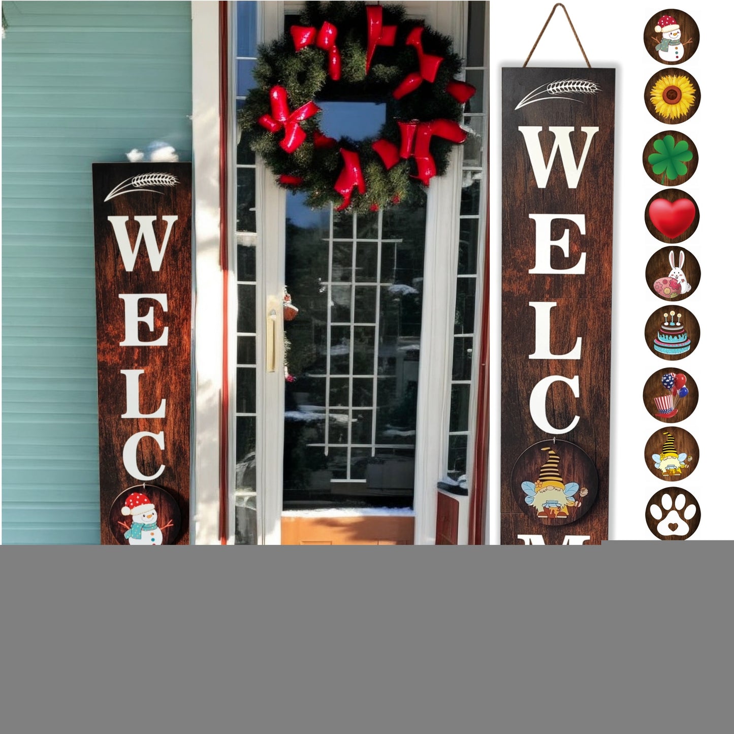 Porch Sign with 12 Interchangeable Seasonal Icons 47 Inch Tall - Welcome Sign for Front Door, Wind Resistant Leaner Board for Patio Yard Farmhouse Entryway, 4th of July Independence Day Decor
