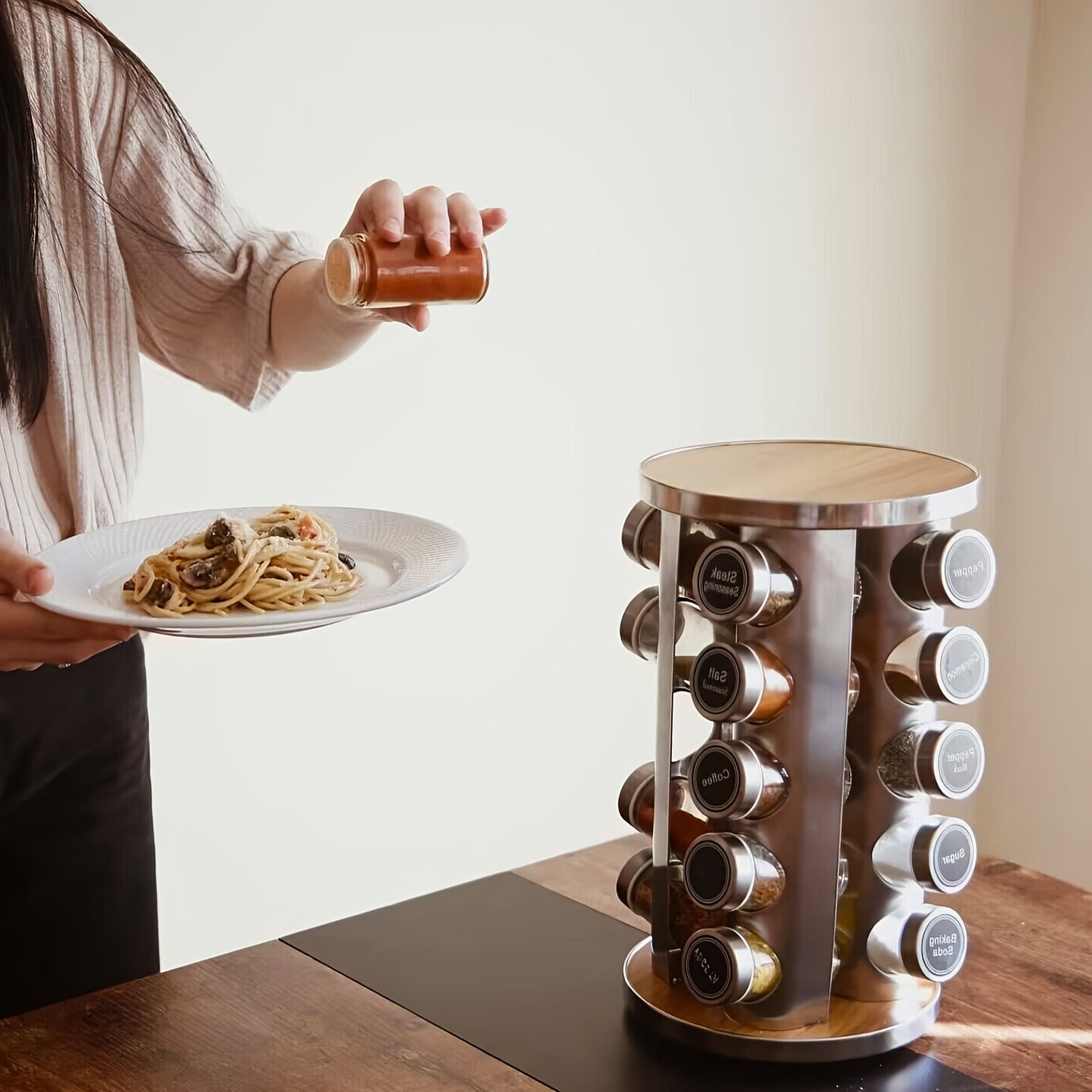 Rotating Spice Rack with 20 Jars, Kitchen Countertop Spice Tower, 360-Degree Revolving Seasoning Organizer for Cabinet, Carousel Storage Holder with 386 Labels for Herbs, Spices, And Condiments