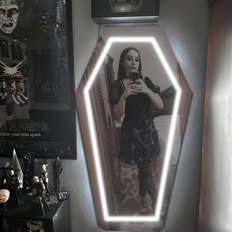 1pc Gothic Coffin-Shaped Neon Wall Mirror, USB Powered, Glass Surface, Horizontal, Irregular Decorative Art Style, Ideal for Dark Art Enthusiasts and Holiday Gifts