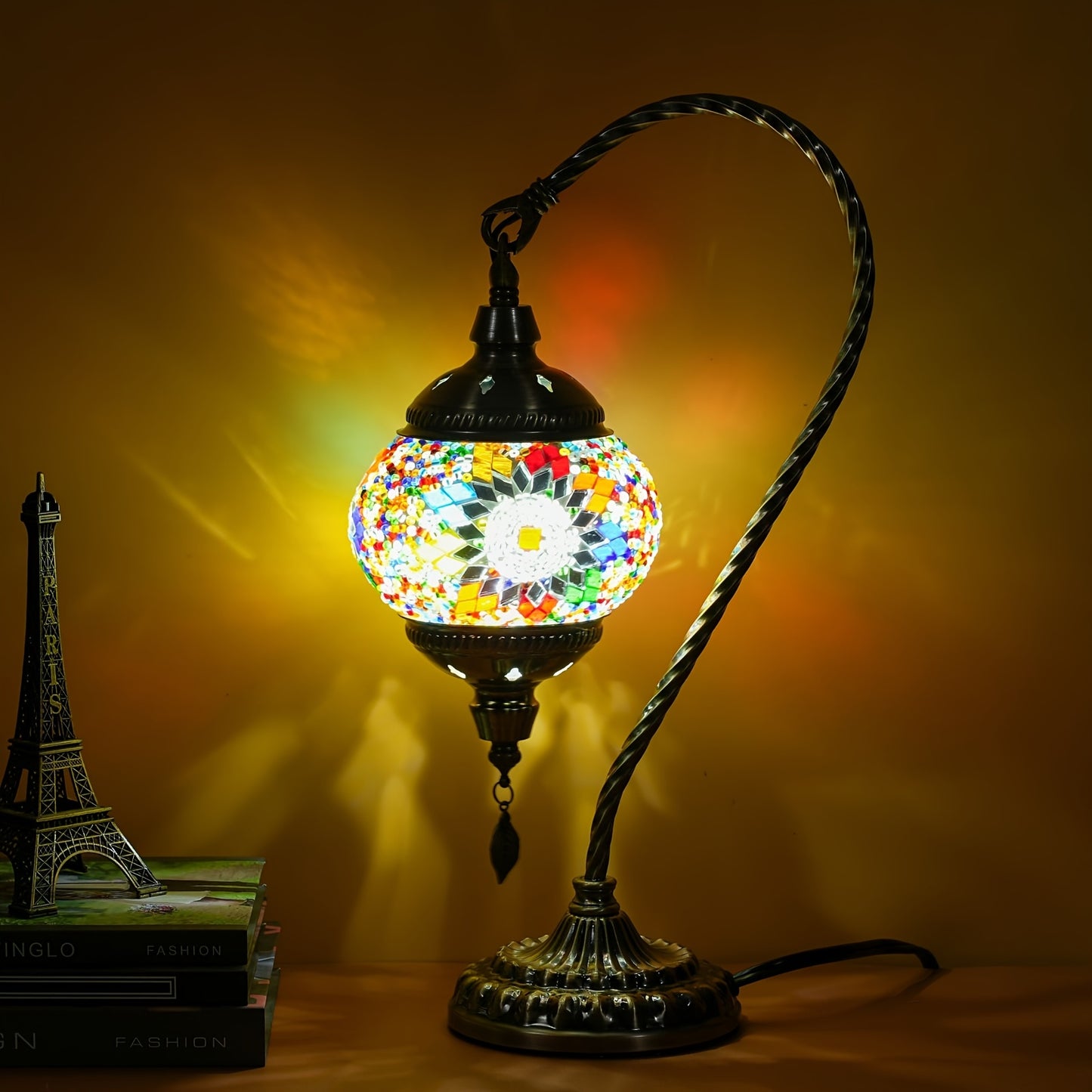 Turkish Mosaic Table Lamp, Moroccan Style Table Lamp with Metal Base 3 Colors Handmade Swan Neck Mosaic Glass Bedside Lamp for Bedroom And Living Room (LED Bulb Included)