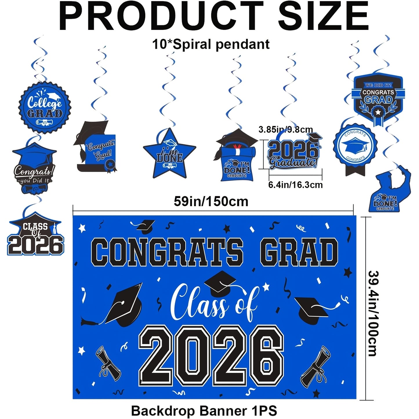 2026 Large Size Graduation Decorations Set- Class Of 2026 Graduation Party Decorations, Congrats Grad Banner, Backdrop, Grad Hanging Swirl, And Honeycomb Table Toppers, Graduation Party Supplies Party Packk