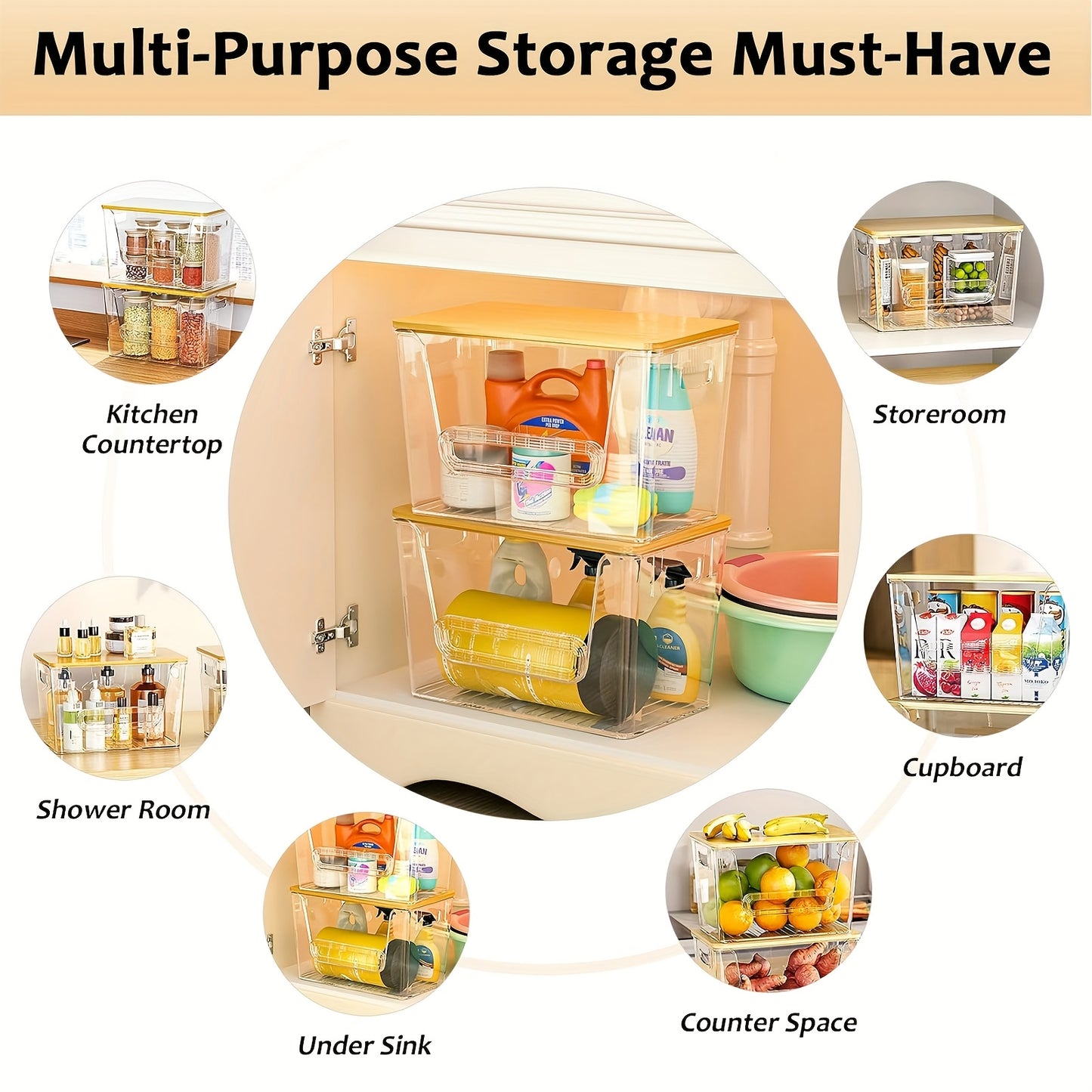 2-Pack Clear Stackable Kitchen Pantry Organizers with Bamboo Top - Durable PET Storage Bins for Onions, Potatoes, Fruits, Vegetables | Space-Saving Design, Ventilation & Easy Access, Pantry Organizers And Storage, Produce Organizer, Transparent Organizer,