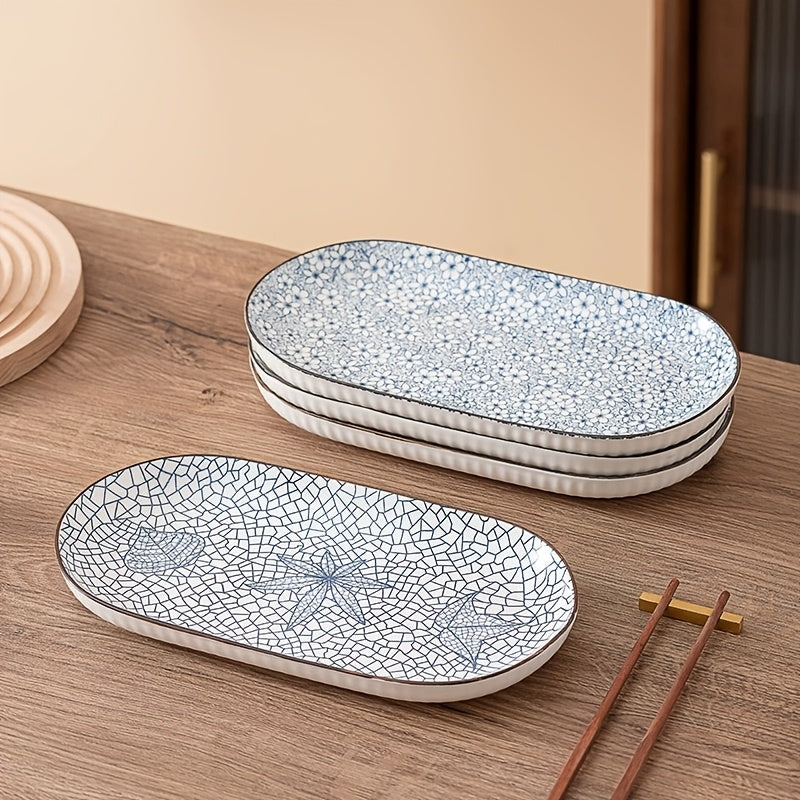 Set Of 4 Japanese-style Fish Plates, 12-inch Underglaze Blue And White Porcelain Ceramic Tableware, Steam Fish Plates for Home Use, Suitable for Steaming And Baking, Microwave And Oven Safe, Thickened Serving Plates, New Tableware Set