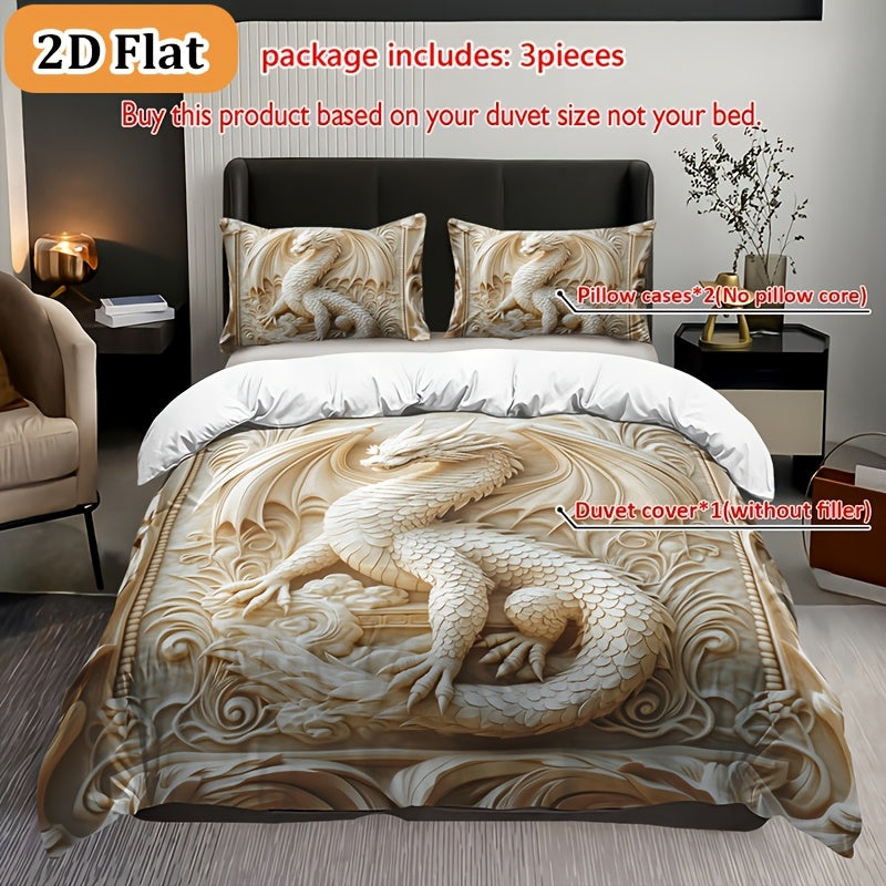Dragon Print Duvet Cover Set 3-Piece – Boho Dragon Totem Bedding, Soft Polyester Comforter Cover with 2 Pillowcases, Twin Full Queen King, Dorm Room Decor