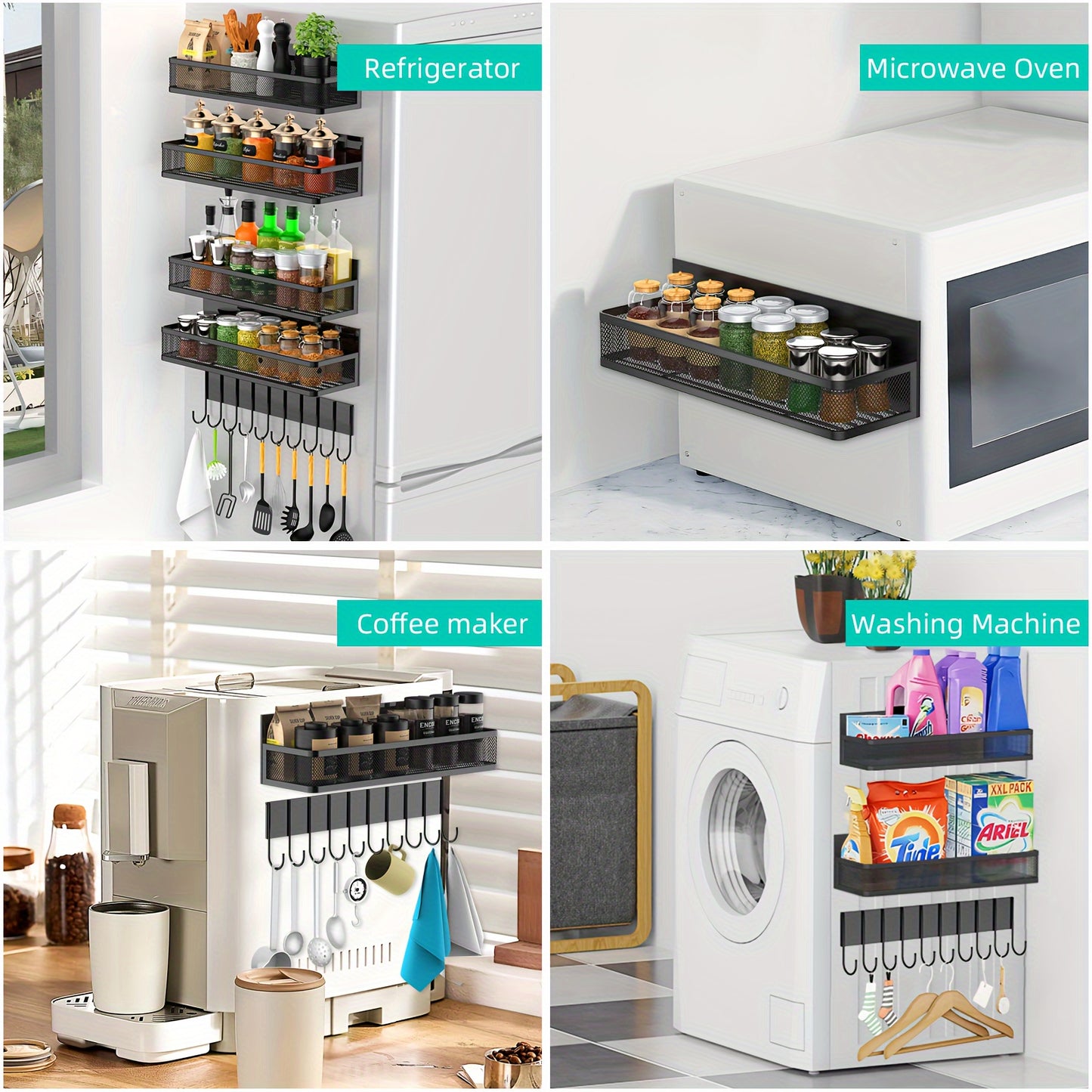 1/3/4pcs, Magnetic Floating Shelf, Refrigerator Magnetic Shelf with Hooks, Strong Magnetic Floating Shelf, Refrigerator Kitchen Magnetic Shelf, Refrigerator Organizer, Floating Shelf Organizer, Kitchen Accessories, College Dormitory Essentials