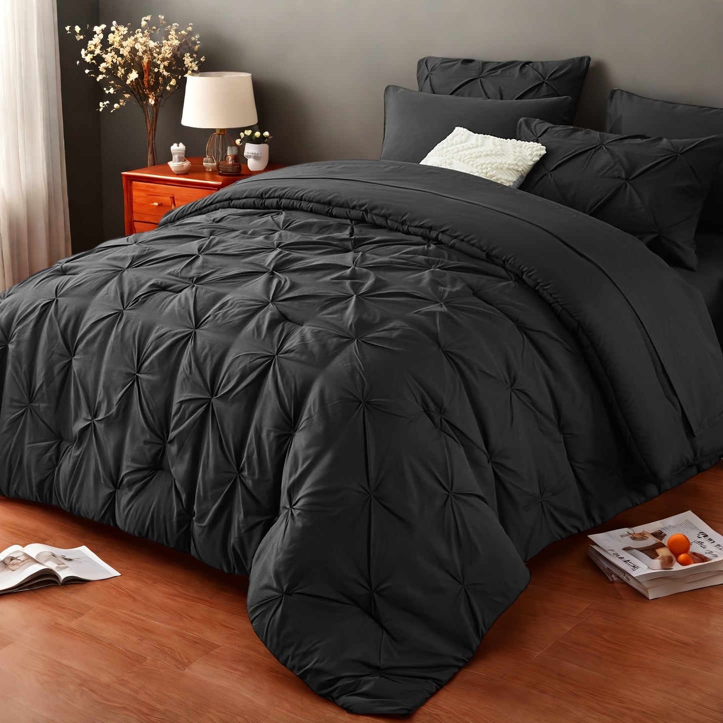 5/7pcs Luxurious Pleated Comforter Collections - Exceptionally Soft Plush Fiber Filling, Suitable for Year-Round Warmth - Includes Quilted Comforter, Flat Sheet, Fitted Sheet, Pillowcases, Pillow Shams, Complete Bed Set