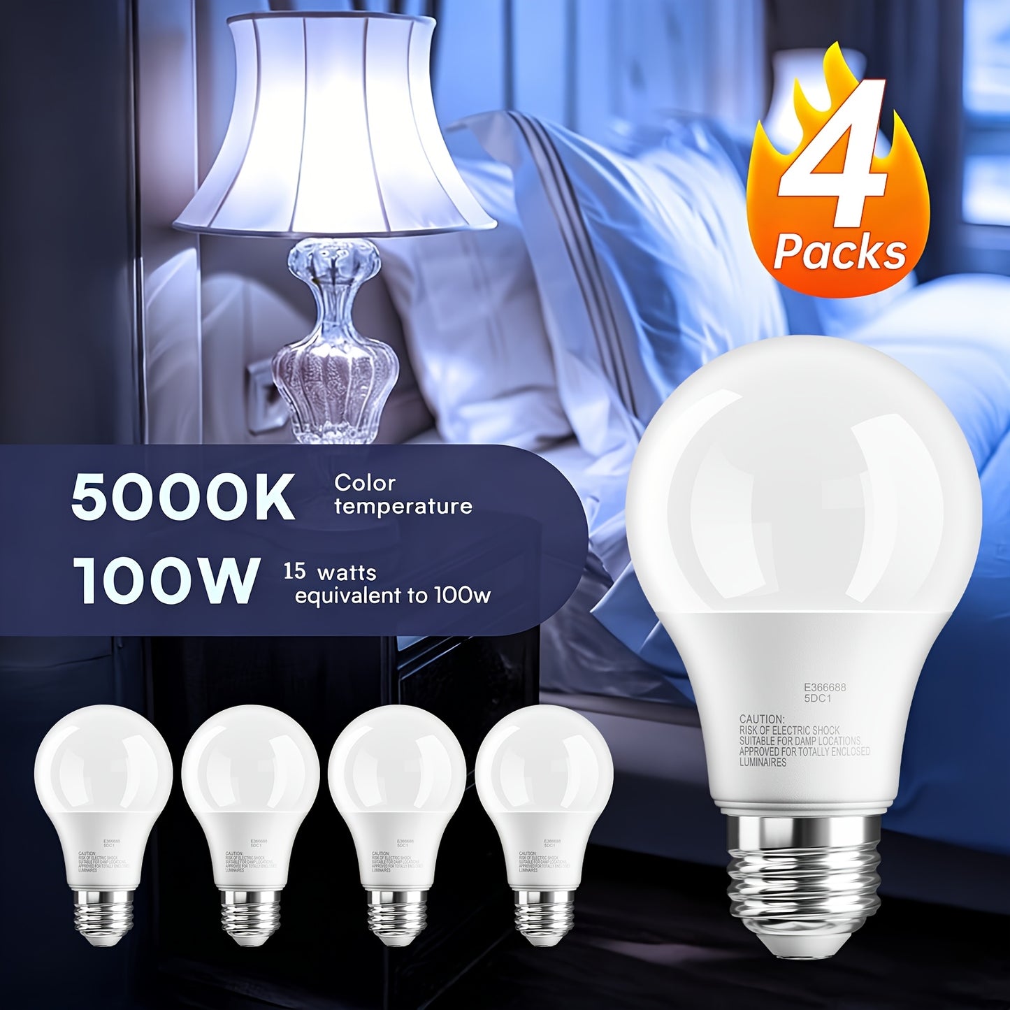 24/12/4 Pack 100W Equivalent A19 LED Light Bulbs, 1500LM Super Lighting, 15W Equivalent 100W LED Bulbs, 5000K Daylight, E26 Base, Non-Dimmable, No Flicker, White