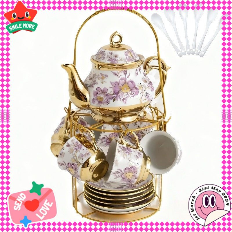 A Set of High-End Italian Teapot And Teacup, Including Multiple Floral Ceramic Tea Utensils And Plates, a European-Style Afternoon Tea Set with a Metal Base, Featuring Blooming Patterned Cup Bodies, Complete Tea Set Additions