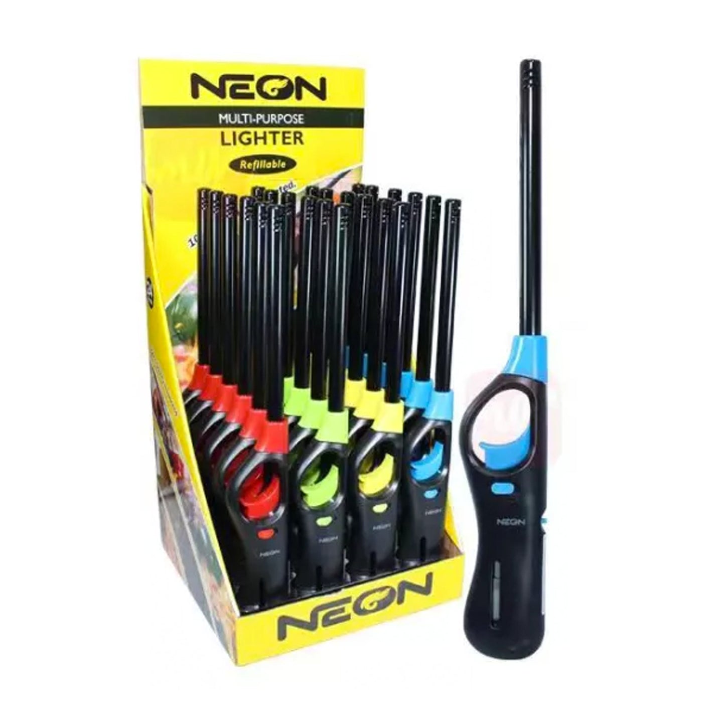 NEON Lighter, Refillable Butane Candle Lighter, 6 Pack Multi-Purpose Reusable Lighters with Long Metal Wand and Adjustable Soft Flame for BBQ, Grill, Stove, Camping, Hiking, Fireplaces, Kitchen