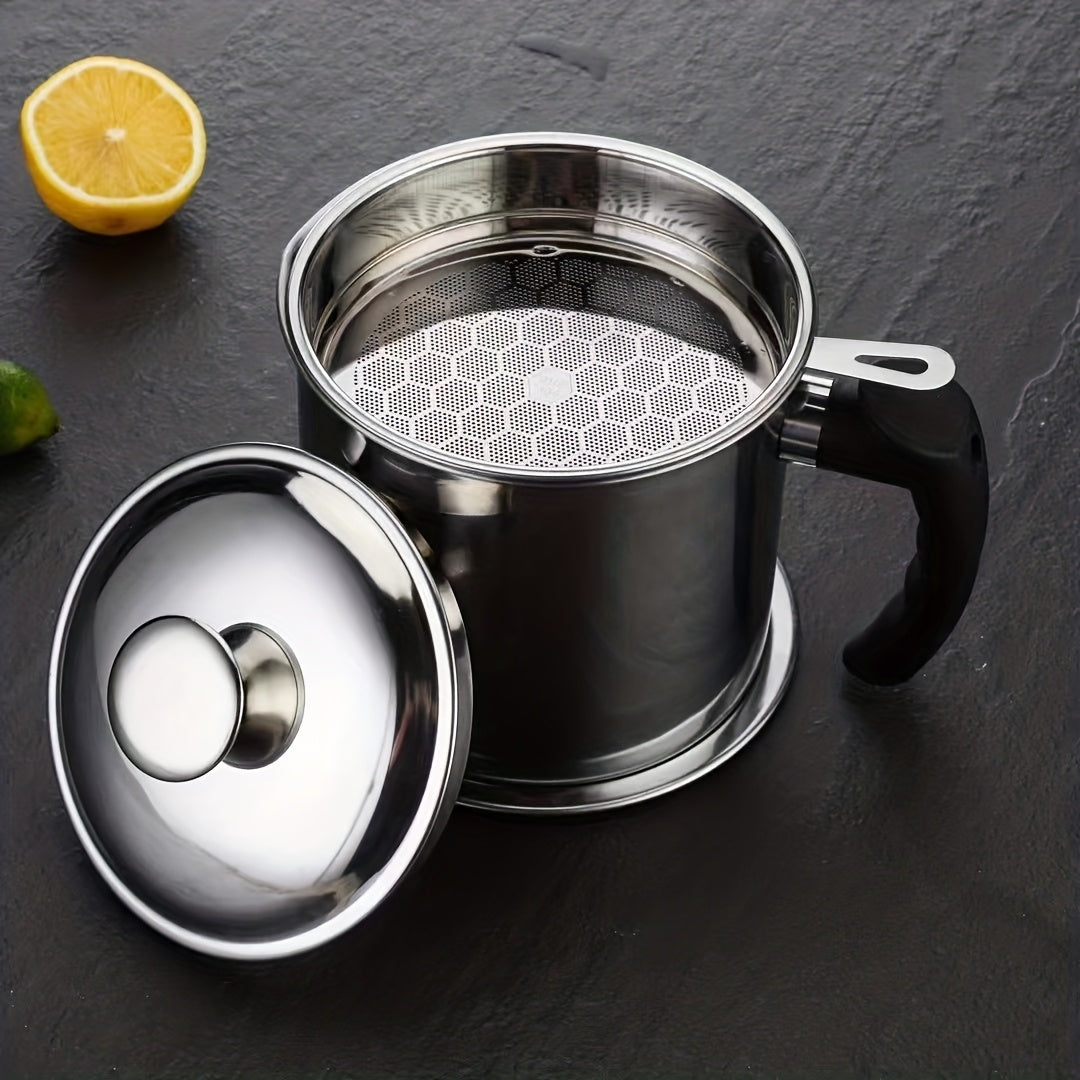 1pc Kitchen Grease Container with Strainer, BPA Free Stainless Steel, Round Shape, Hand Wash Only, Easy Pour Handle, for Storing Cooking Oils and Fats, Essential Kitchen Accessories