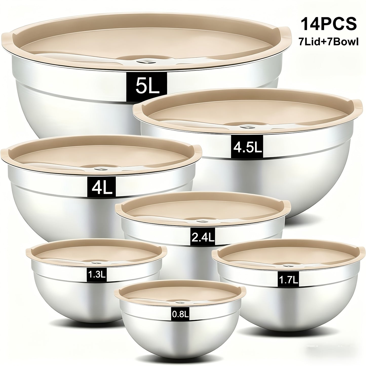 Mixing Bowl with Airtight Lid, Set Of 14 Stainless Steel Bowls (7 Bowls And 7 Lids), Sizes 4.5, 4, 3.5, 2.1, 1.5, 0.7QT, Perfect for Mixing And Serving, Stainless Steel Bowl Set, Stainless Steel Basin Set, Kitchen Utensils. Tableware.