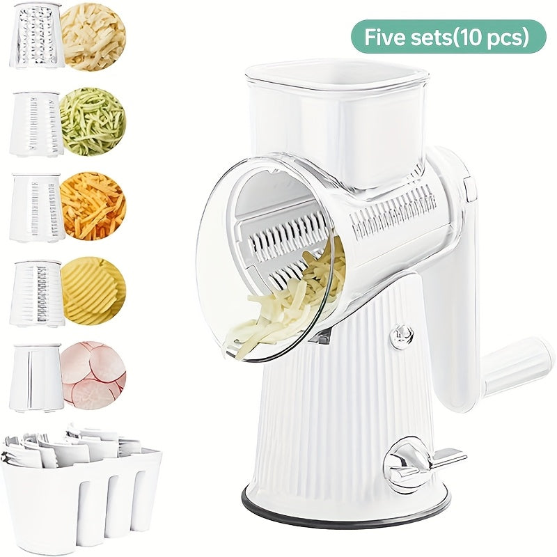 5-in-1 Manual Rotary Cheese Grater With Handle Interchangeable Blades, Easy To Clean Vegetable Slicer Shredder Set Strong Suction Cup Base Ideal For Fruits, Vegetables, And Nuts Multifunctional Kitchen Essential With Suction Cup Stability