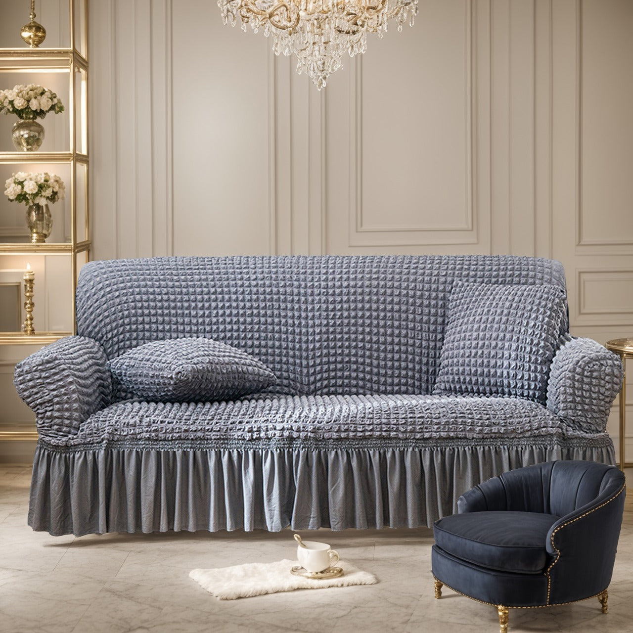 Seersucker Sofa Slipcover Set for Couch Cushion Durable Washable High Elastic Stretchable Furniture Couch Covers with Skirt for Sofa 1/2/3/4 Seater Arm Chair