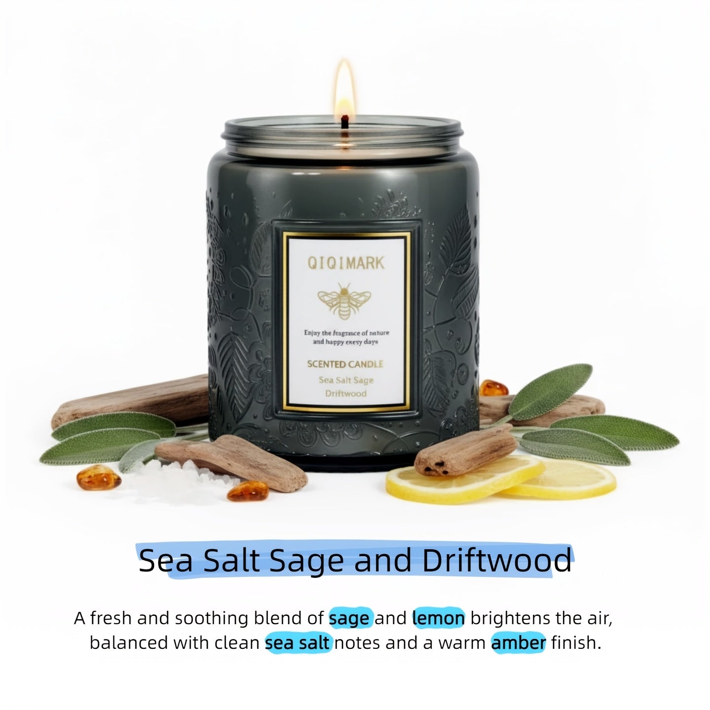 Scented Candle in Relief Glass Cup – Aromatherapy Home Fragrance with Crystal Embellishment, Single Wick, Multiple Scents – Jasmine, Tuberose, Amber, Sage & More