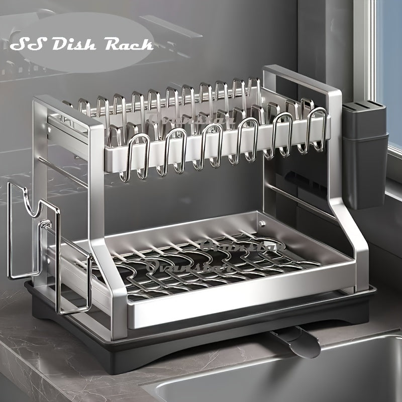 Real Stainless Steel Rust-Resistant 2 Layer SS Dish Rack, Space-Saving And Durable Kitchen Organizer And Storage, Automatic Drainage Drying Rack Holder for Dish, Bowl, Spoon, Knife, Chopsticks And Cups, Suitable for Kitchen Counter