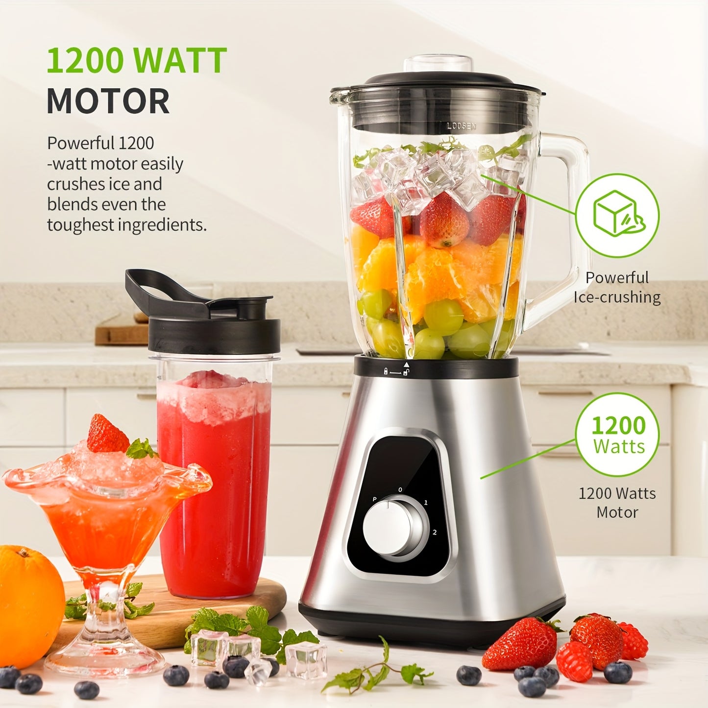 Powerful Countertop Blender, 52oz Glass Jar, 22oz Travel Cup, 3 Adjustable Speed Control for Frozen Fruit Drinks, Smoothies, Sauces & More, Silvery.